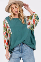 SAGE + FIG Full Size Printed Balloon Sleeve Contrast Top - Delanoir