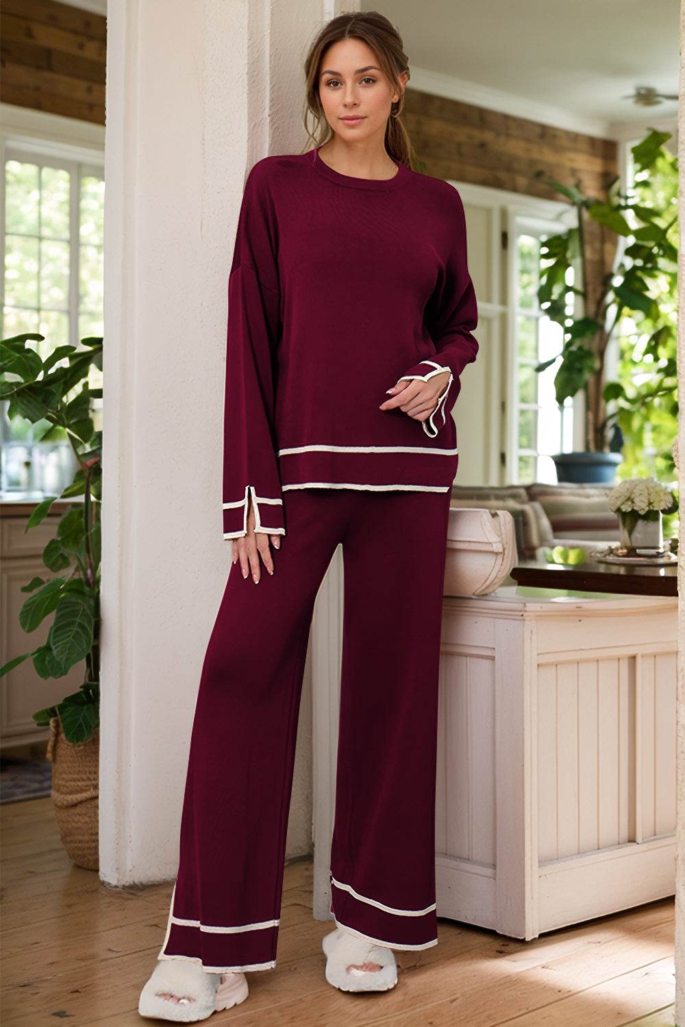 High-Low Round Neck Top and Pants Sweater Set - Delanoir