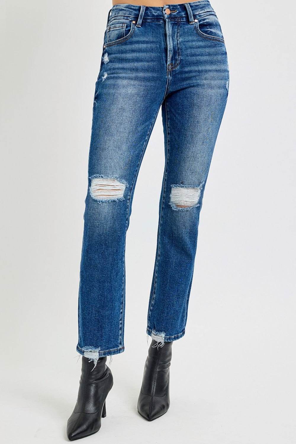 RISEN Full Size High Rise Distressed Crop Straight Jeans - Delanoir