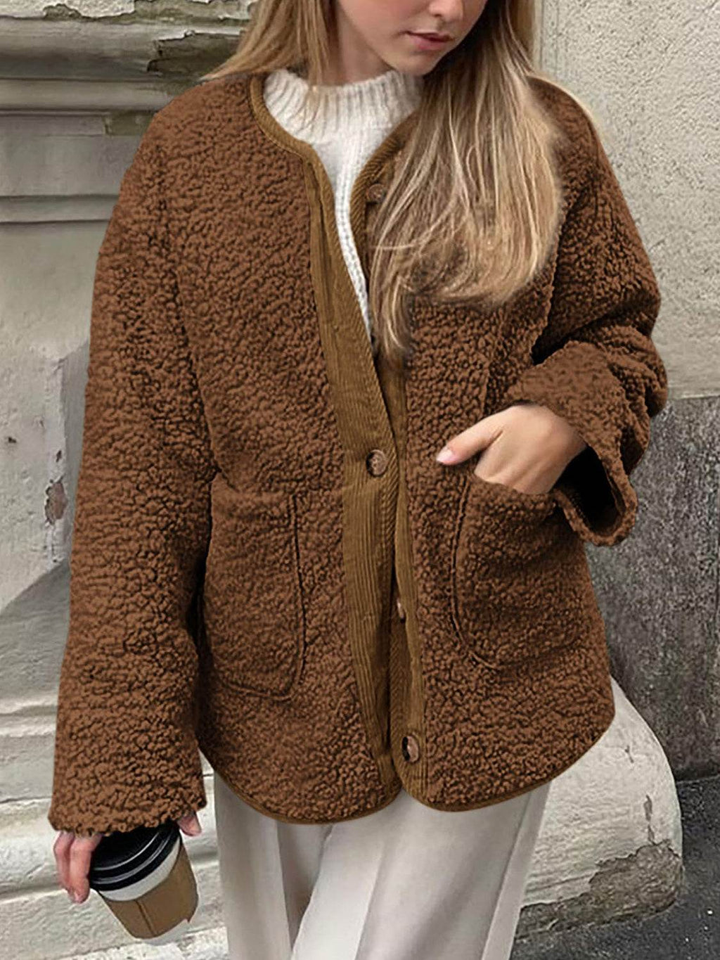 Contrast Button Up Sherpa Jacket with Pockets - Delanoir