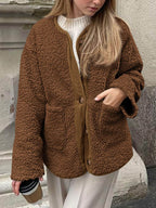 Contrast Button Up Sherpa Jacket with Pockets - Delanoir