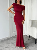 Devine Ruched Single Shoulder Short Sleeve Maxi Dress - Delanoir