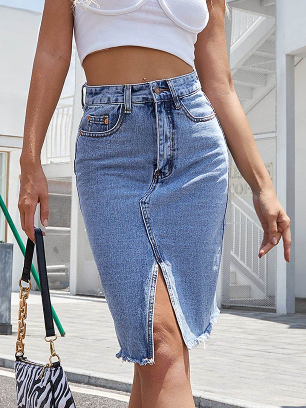 Raw Hem Slit Denim Skirt - Delanoir