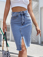Raw Hem Slit Denim Skirt - Delanoir