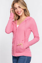 ACTIVE BASIC Waffle Knit Drawstring Zip Up Long Sleeve Hoodie - Delanoir