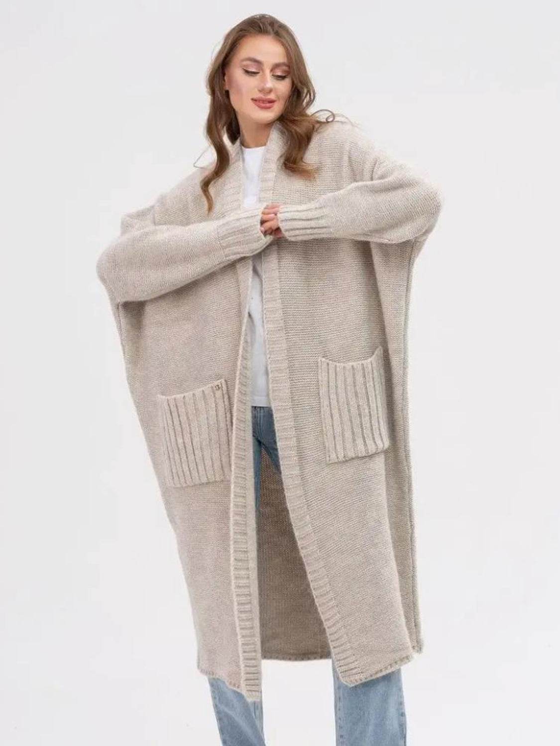Pocketed Open Front Long Sleeve Longline Cardigan - Delanoir
