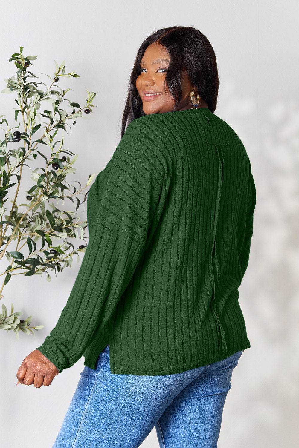 Basic Bae Full Size Ribbed Round Neck Slit Knit Top - Delanoir