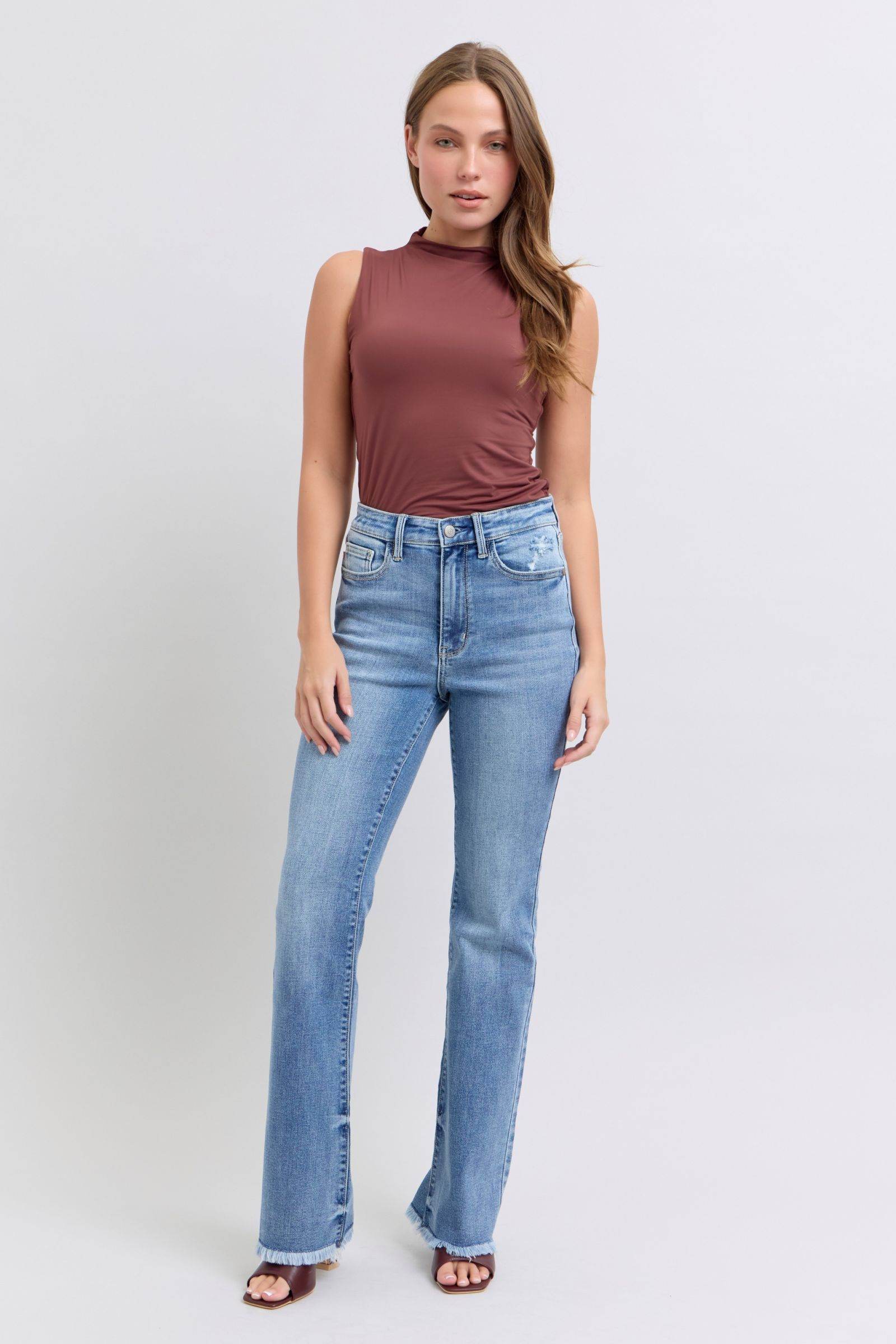 Judy Blue Full Size Raw Hem High Rise Bootcut Jeans - Delanoir