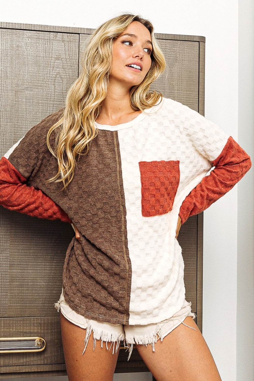 BiBi Color Block Brushed Checker Top - Delanoir