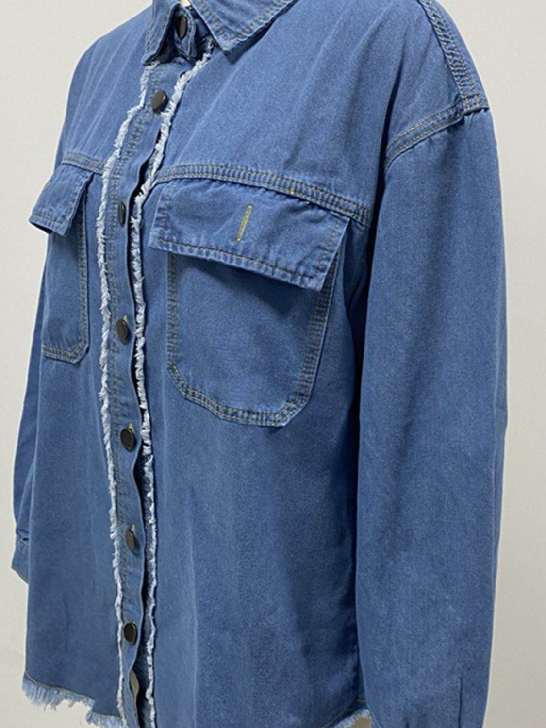 Pocketed Collared Neck Long Sleeve Denim Shirt - Delanoir