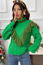 Cable-Knit Ruffled Mock Neck Lantern Sleeve Sweater - Delanoir
