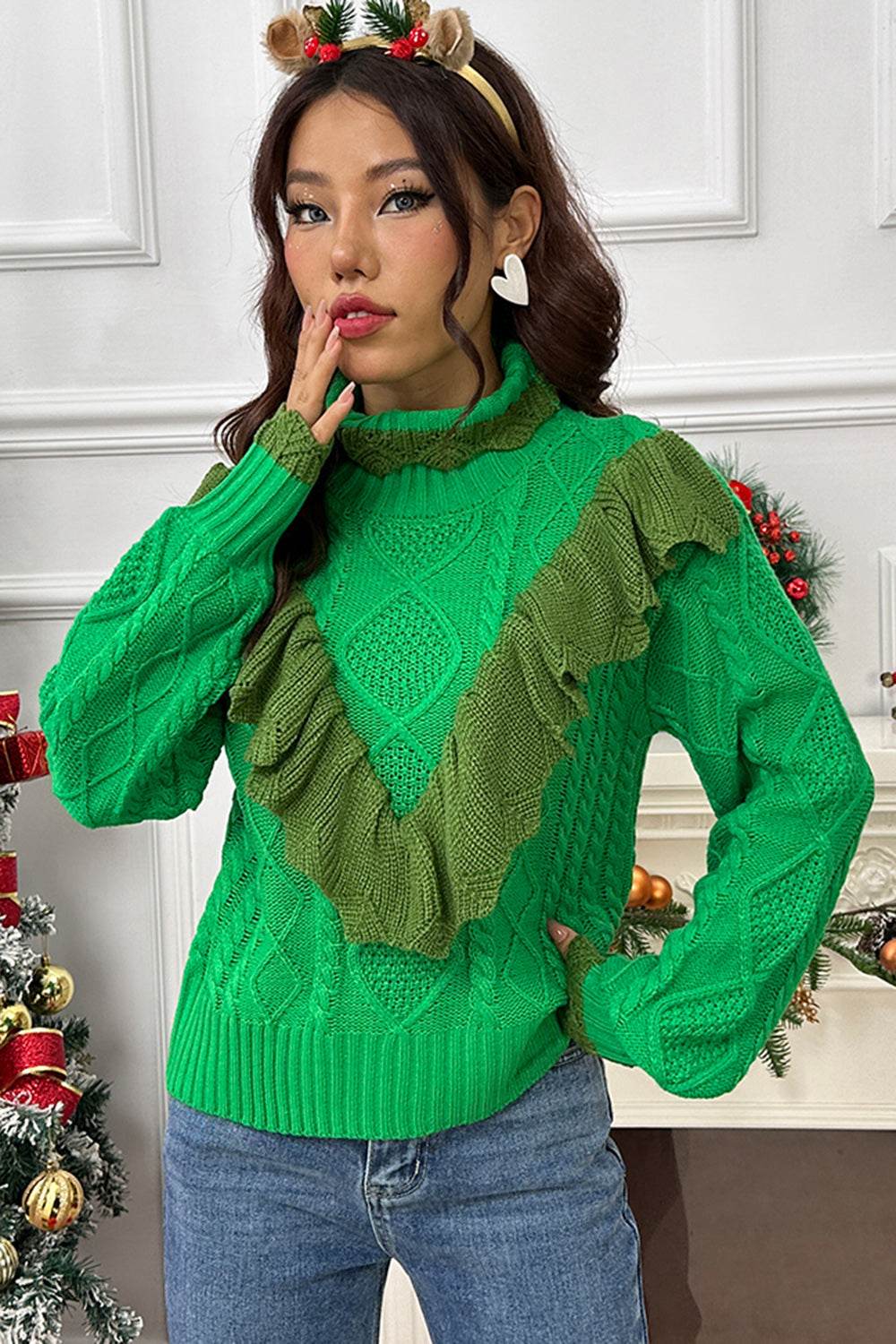 Cable-Knit Ruffled Mock Neck Lantern Sleeve Sweater - Delanoir
