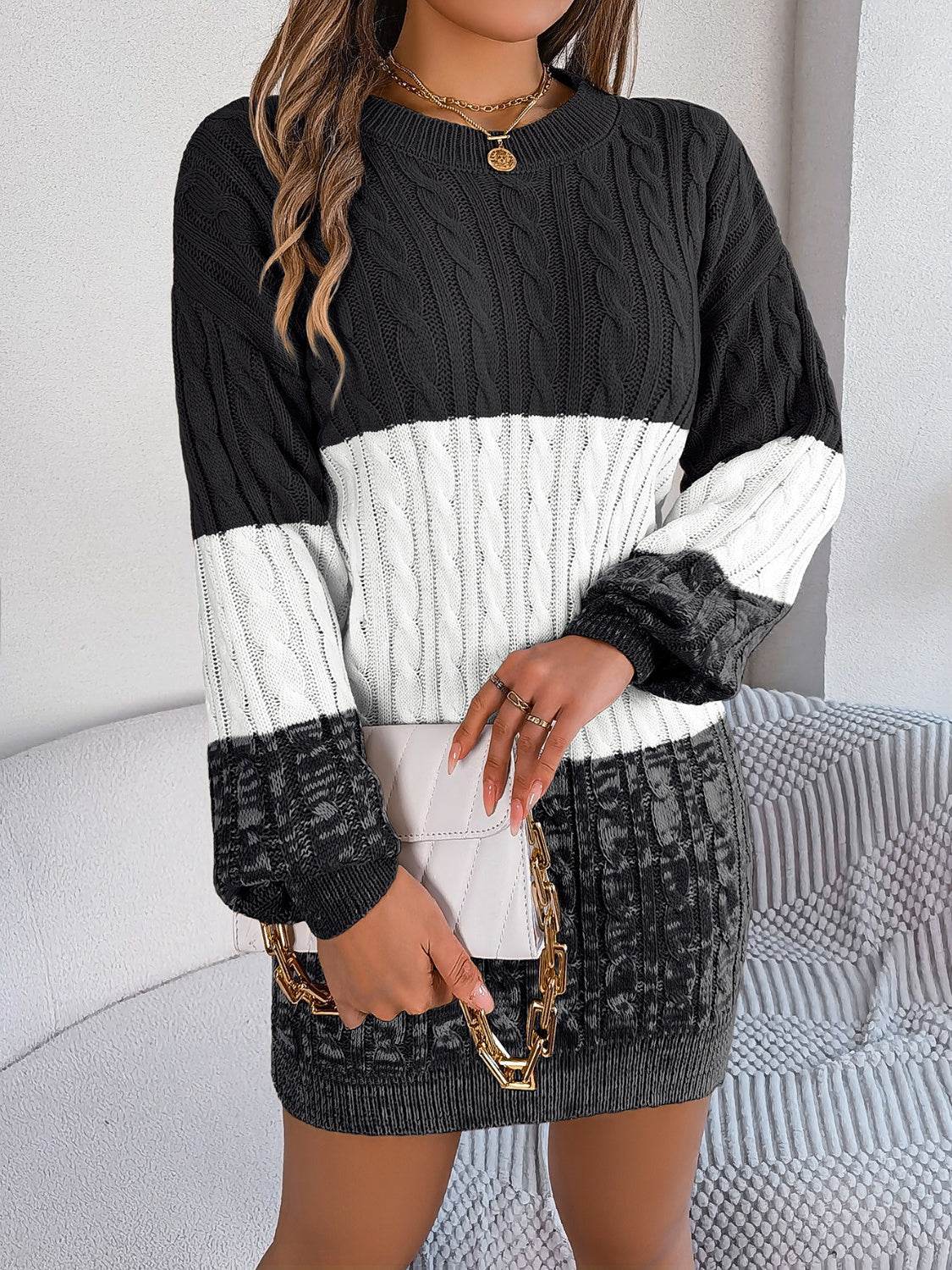 Cable-Knit Round Neck Color Block Sweater Dress - Delanoir