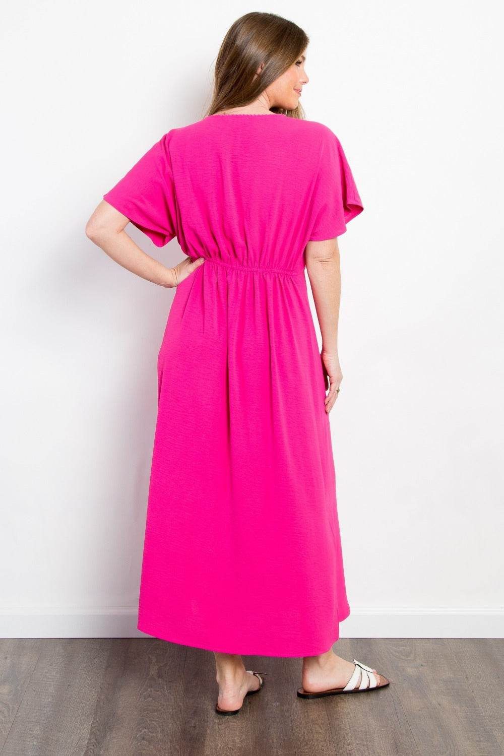 Be Stage Full Size Shirred Front Short Sleeve Maxi Dress - Delanoir