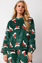 Christmas Hat Pattern Round Neck Long Sleeve Top and Pants Set - Delanoir