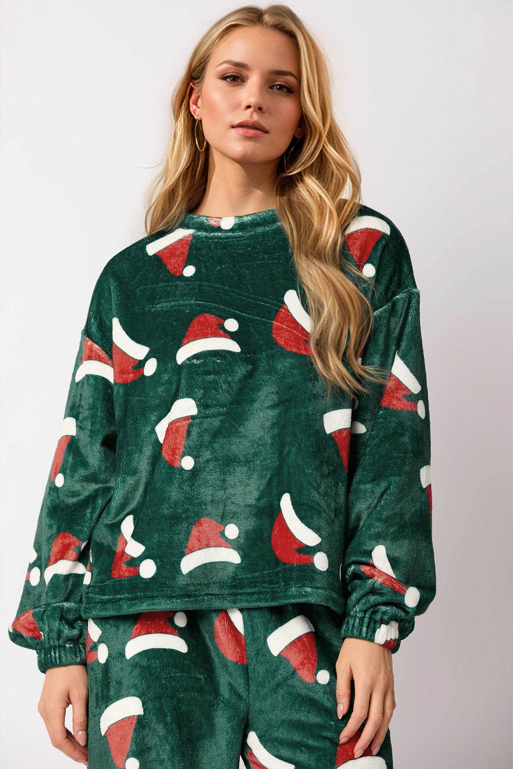 Christmas Hat Pattern Round Neck Long Sleeve Top and Pants Set - Delanoir