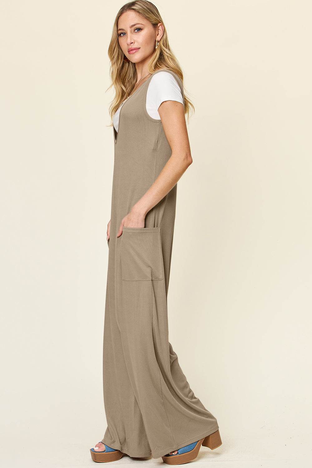 Double Take Full Size Sleeveless Wide Leg Jumpsuit with Pockets - Delanoir
