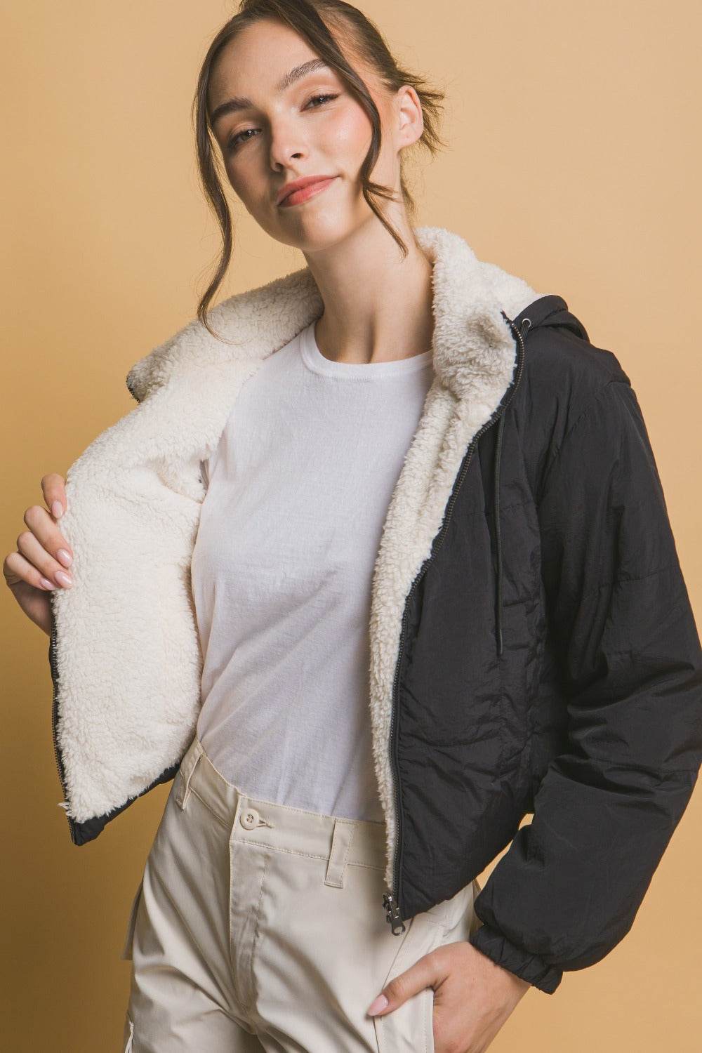 Love Tree Zip Up Cropped Hooded Sherpa Reversible Jacket - Delanoir