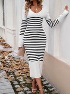 Devine Striped V-Neck Long Sleeve Sweater Dress - Delanoir