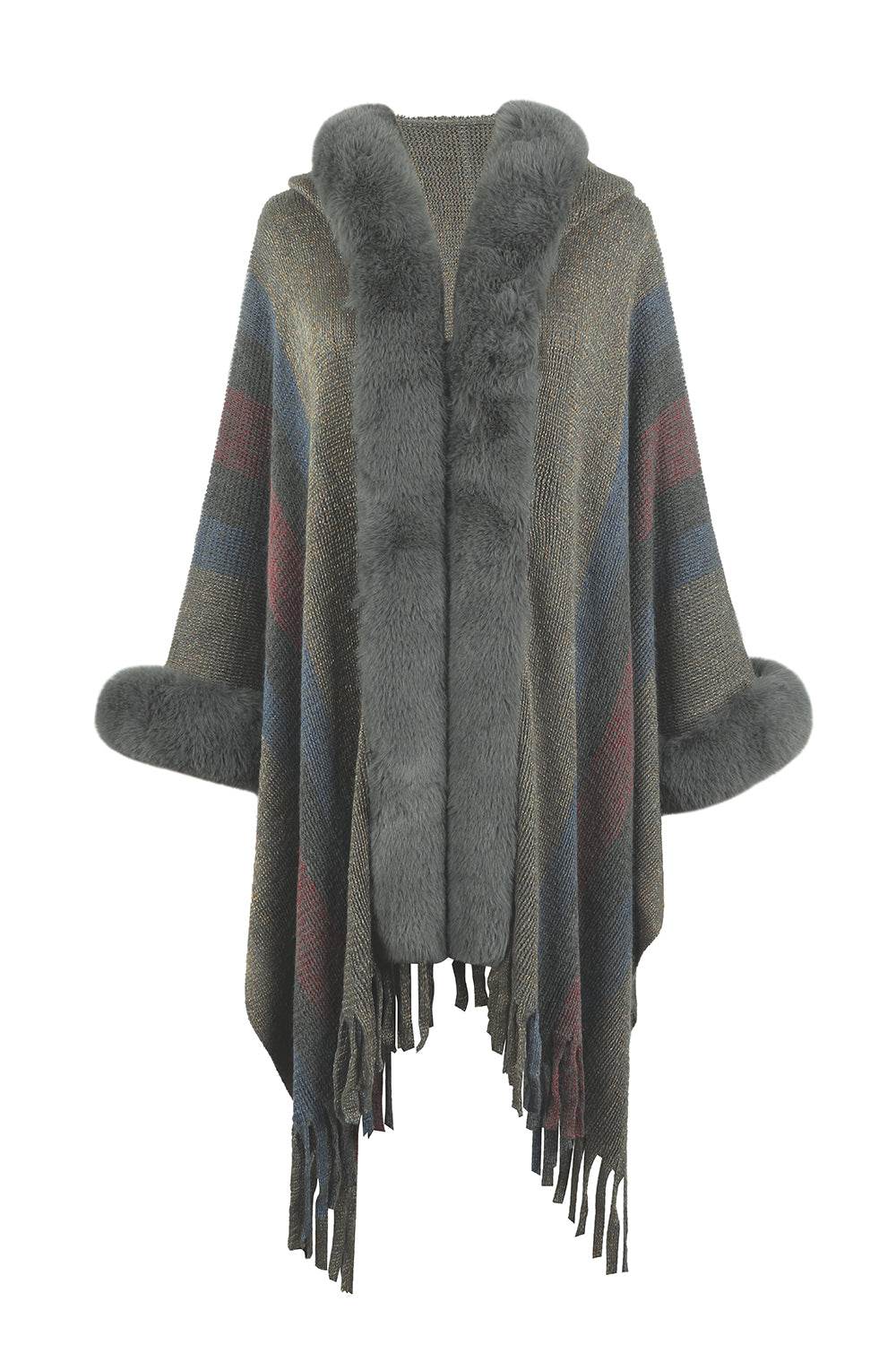Color Block Fringe Detail Poncho - Delanoir