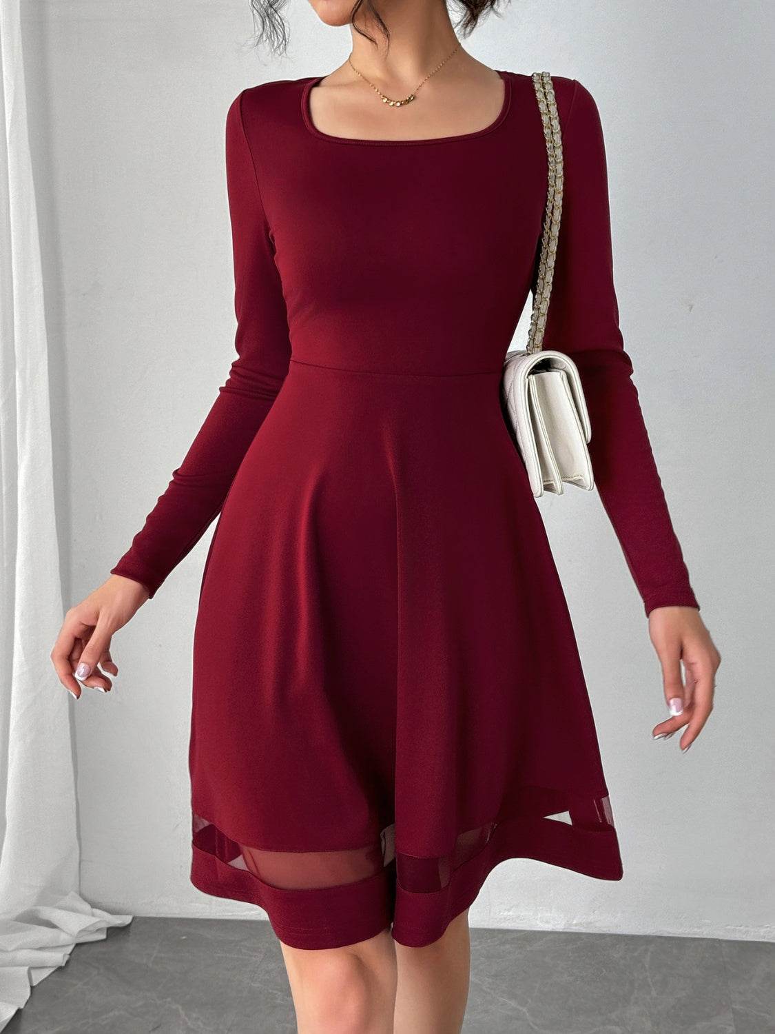 Square Neck Long Sleeve Mini Dress - Delanoir