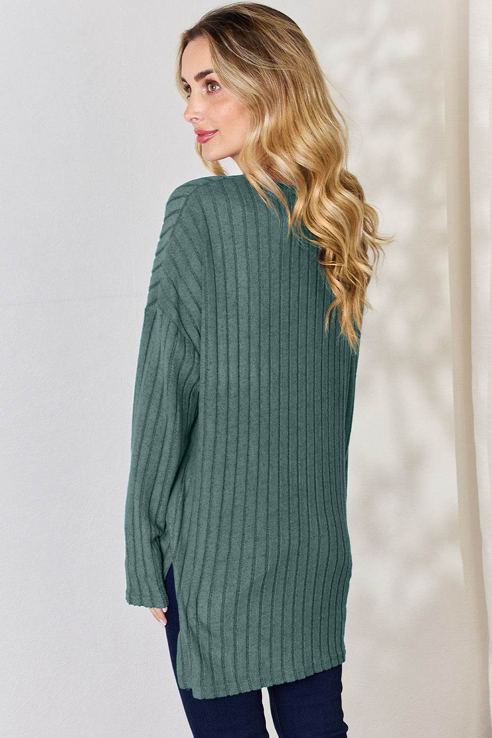 Basic Bae Full Size Ribbed Half Button Long Sleeve High-Low T-Shirt - Delanoir