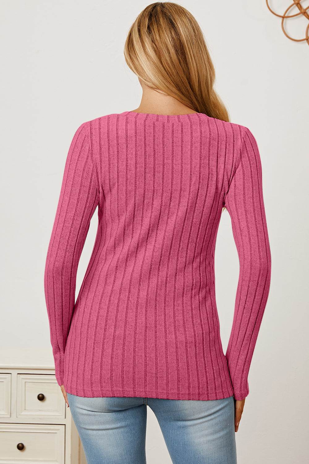 Basic Bae Full Size Ribbed V-Neck Long Sleeve T-Shirt - Delanoir