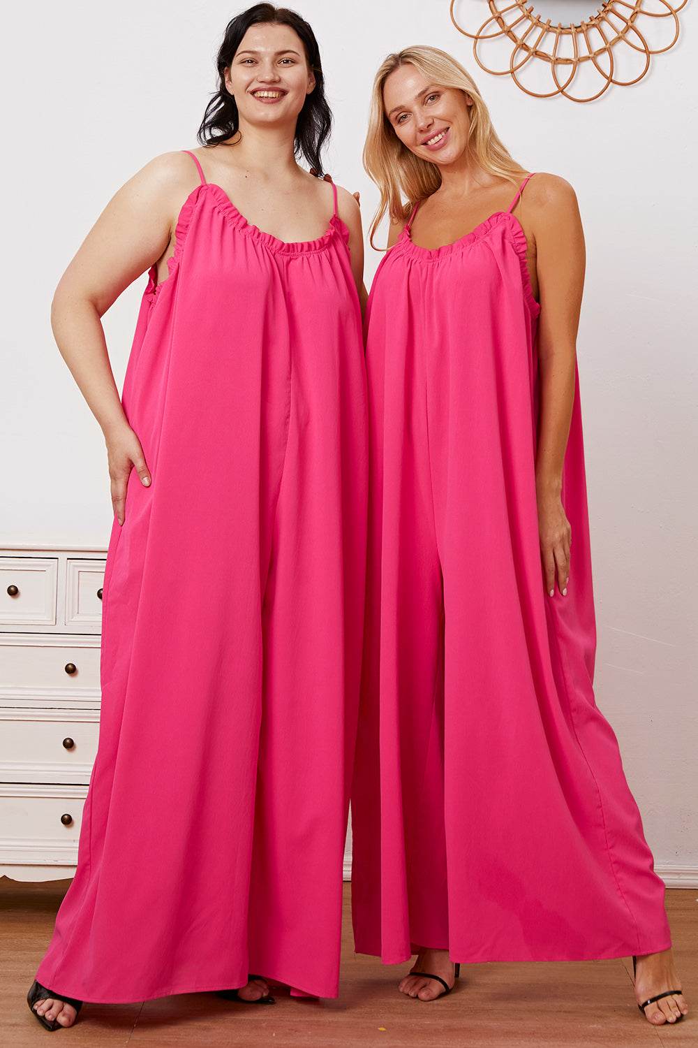 Double Take Full Size Ruffle Trim Tie Back Cami Jumpsuit with Pockets - Delanoir