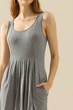 Doublju Full Size Round Neck Ruched Sleeveless Dress with Pockets - Delanoir
