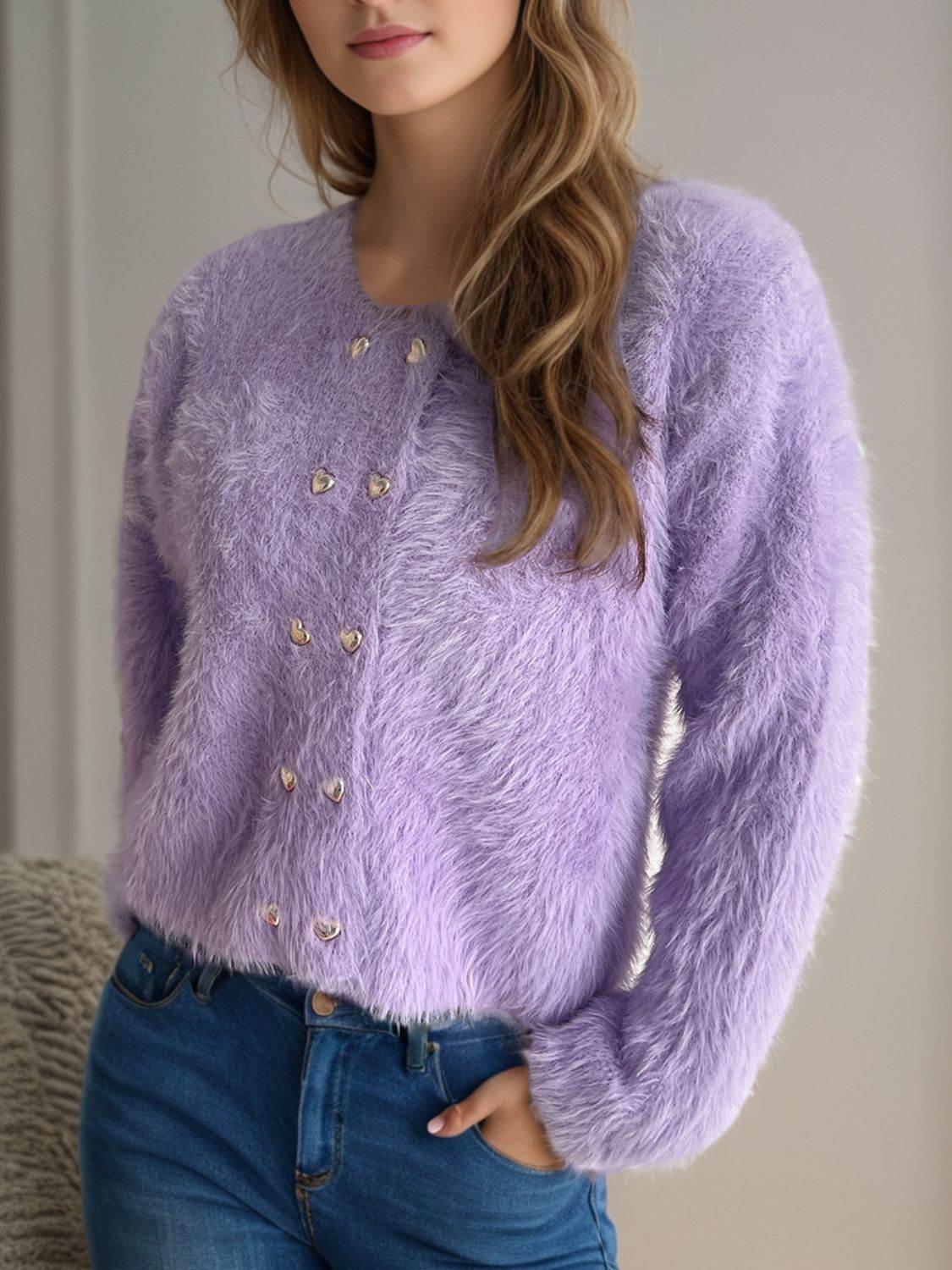 Heart Button Round Neck Cardigan - Delanoir