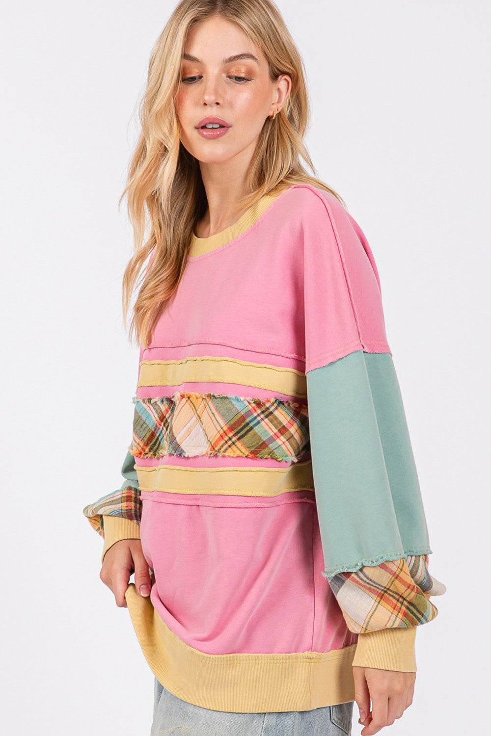 SAGE + FIG Mineral Wash Raw Edge Color Block Sweatshirt - Delanoir