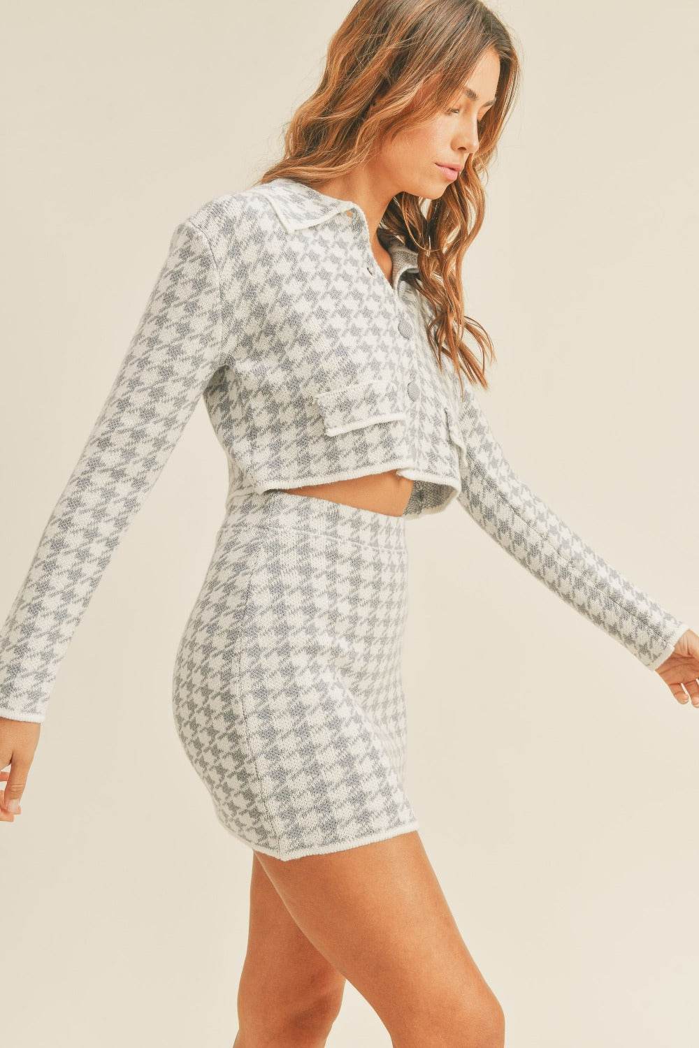 MABLE Houndstooth Cropped Knit Cardigan and Mini Skirt Set - Delanoir