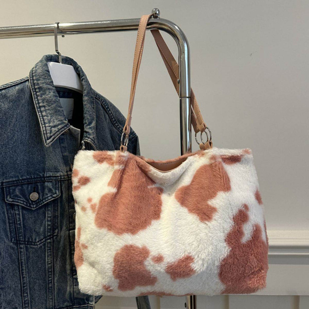 Cow Print Furry Tote Bag - Delanoir