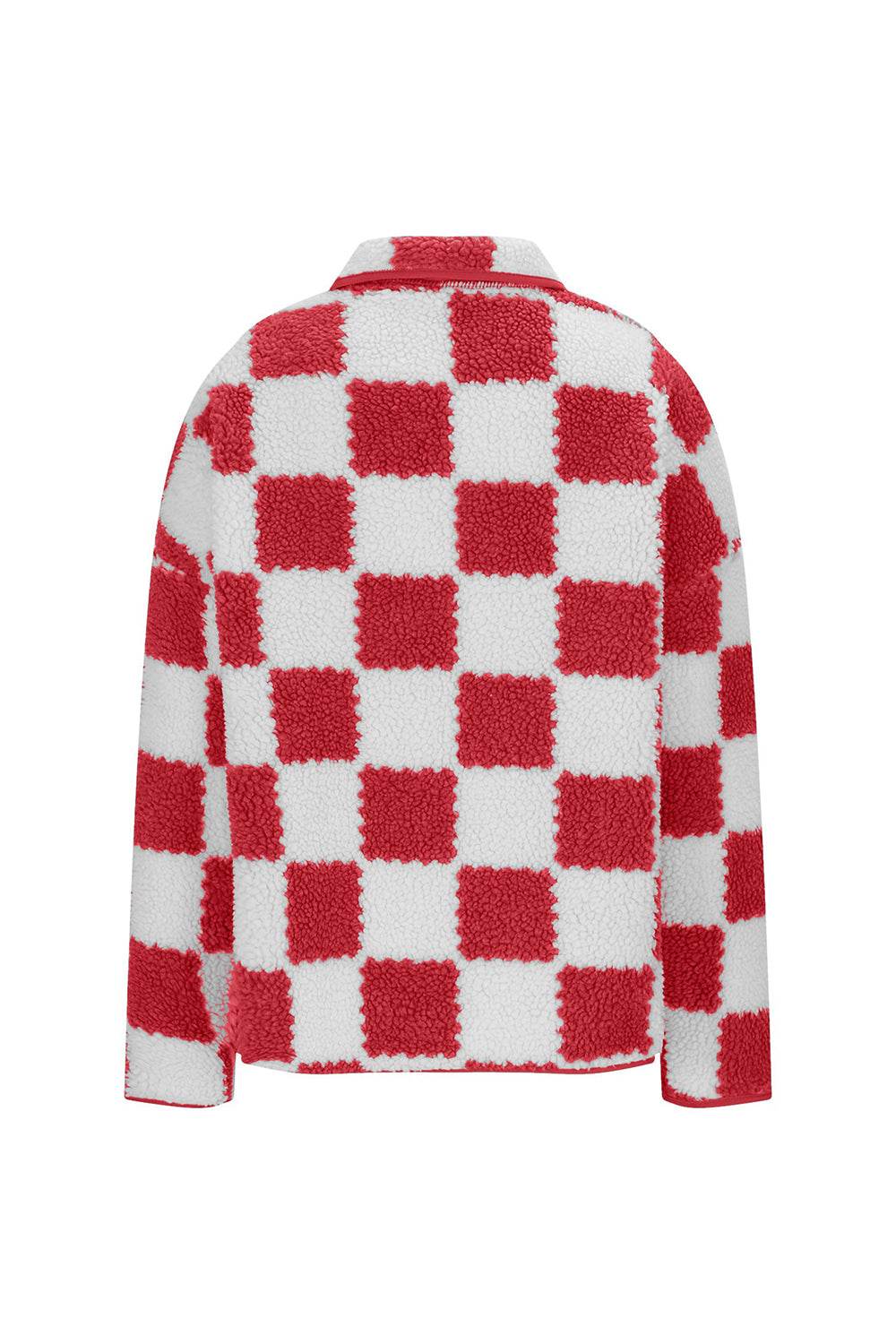 Checkered Snap Down Long Sleeve Teddy Jacket - Delanoir