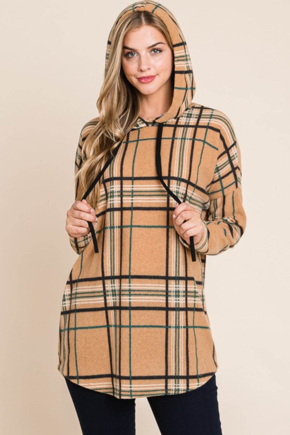 BOMBOM Drawstring Plaid Long Sleeve Hoodie - Delanoir