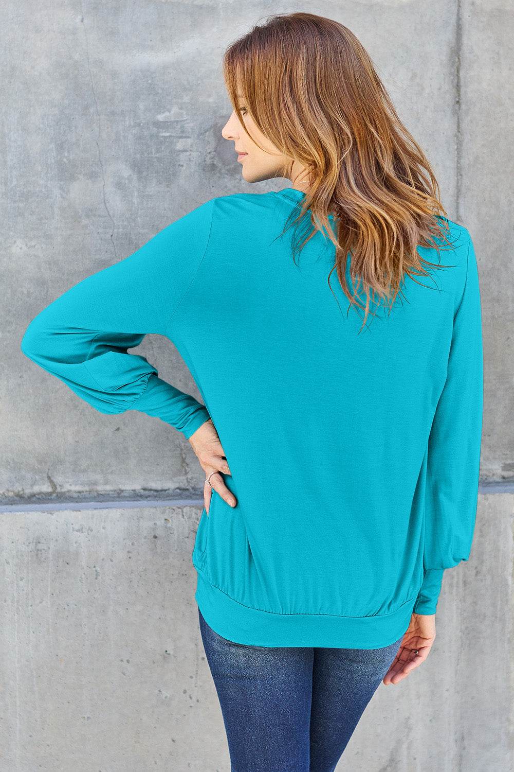 Basic Bae Full Size V-Neck Lantern Sleeve Top - Delanoir