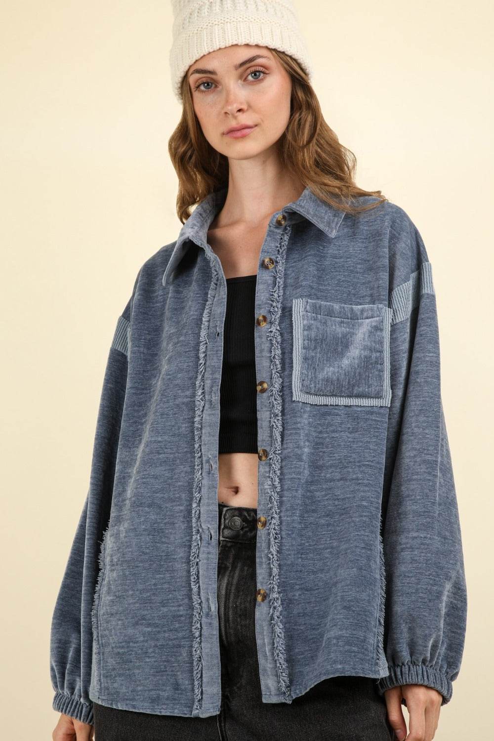 VERY J Mixed Media Button Down Raw Hem Shacket - Delanoir