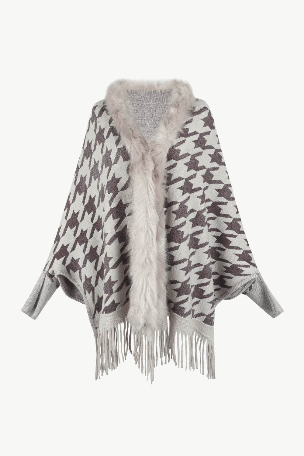 Houndstooth Fringe Hem Poncho - Delanoir