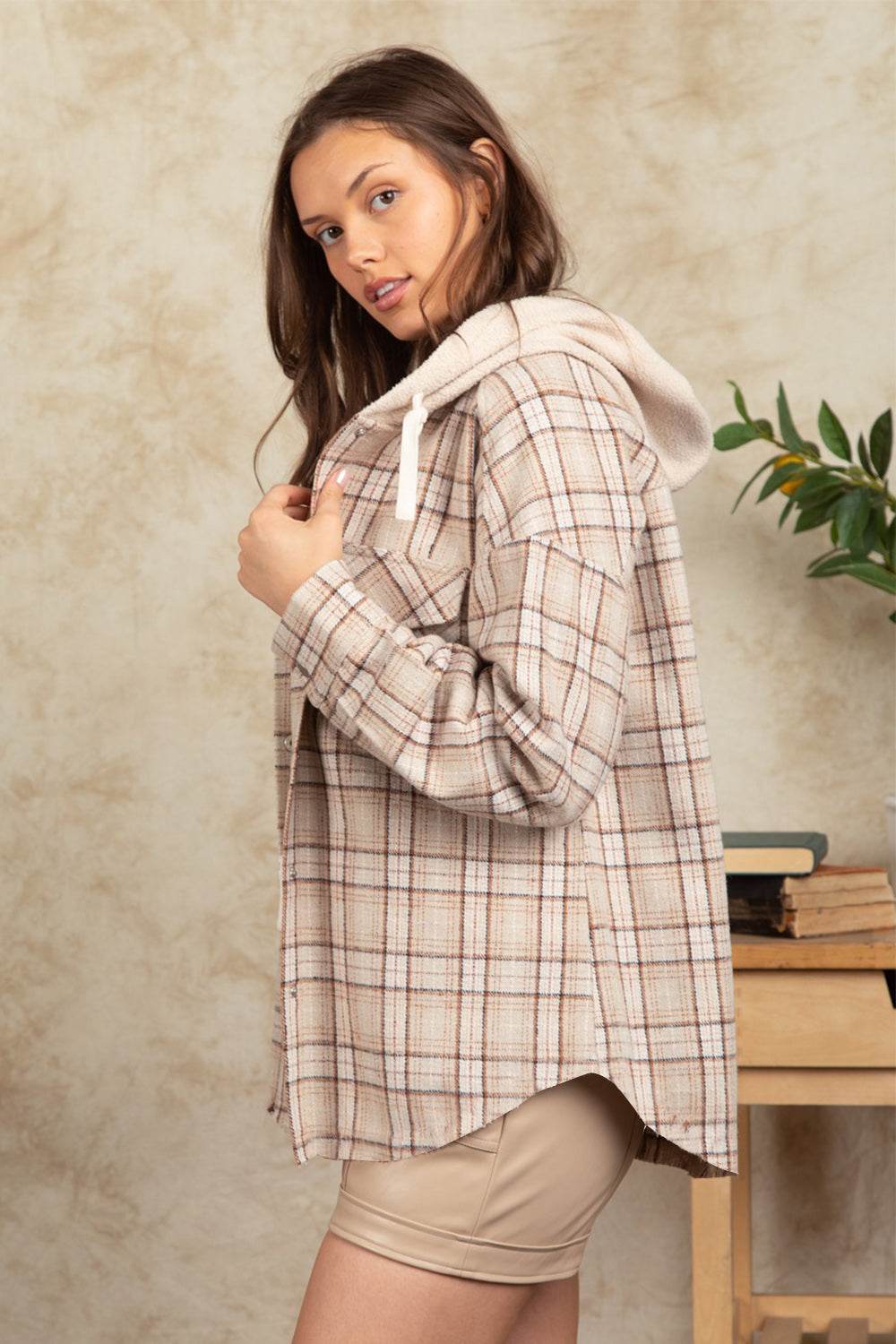 Drawstring Plaid Long Sleeve Hooded Jacket - Delanoir
