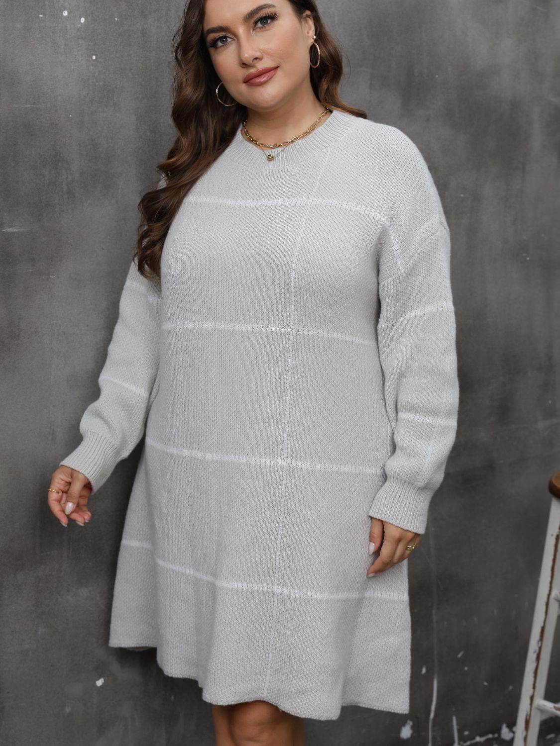 Plus Size Round Neck Long Sleeve Sweater Dress - Delanoir