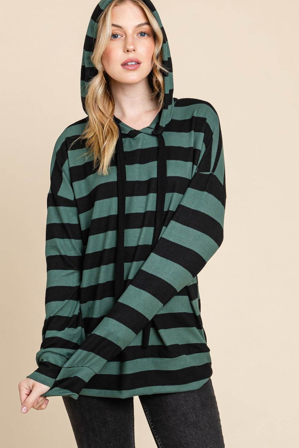 BOMBOM Drawstring Striped Dropped Shoulder Hoodie - Delanoir