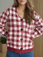 Plaid V-Neck Button Up Cardigan - Delanoir