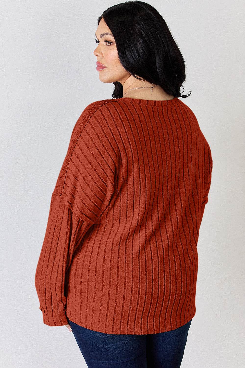 Basic Bae Full Size Ribbed Half Button Long Sleeve T-Shirt - Delanoir