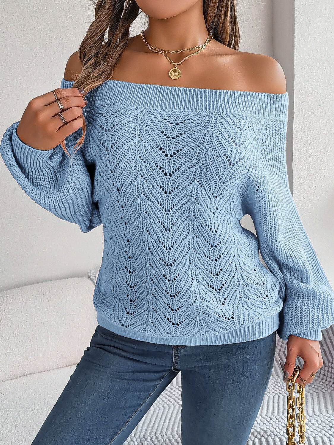 Openwork Off-Shoulder Long Sleeve Sweater - Delanoir