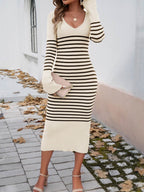 Devine Striped V-Neck Long Sleeve Sweater Dress - Delanoir