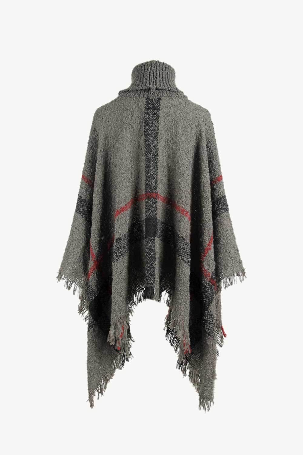Plaid Turtleneck Raw Hem Poncho - Delanoir