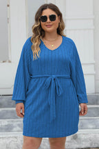 Plus Size Ribbed Tie Front Long Sleeve Sweater Dress - Delanoir