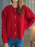 Cable-Knit Round Neck Long Sleeve Cardigan - Delanoir