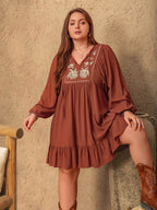 Plus Size Embroidered Tie Neck Balloon Sleeve Mini Dress - Delanoir