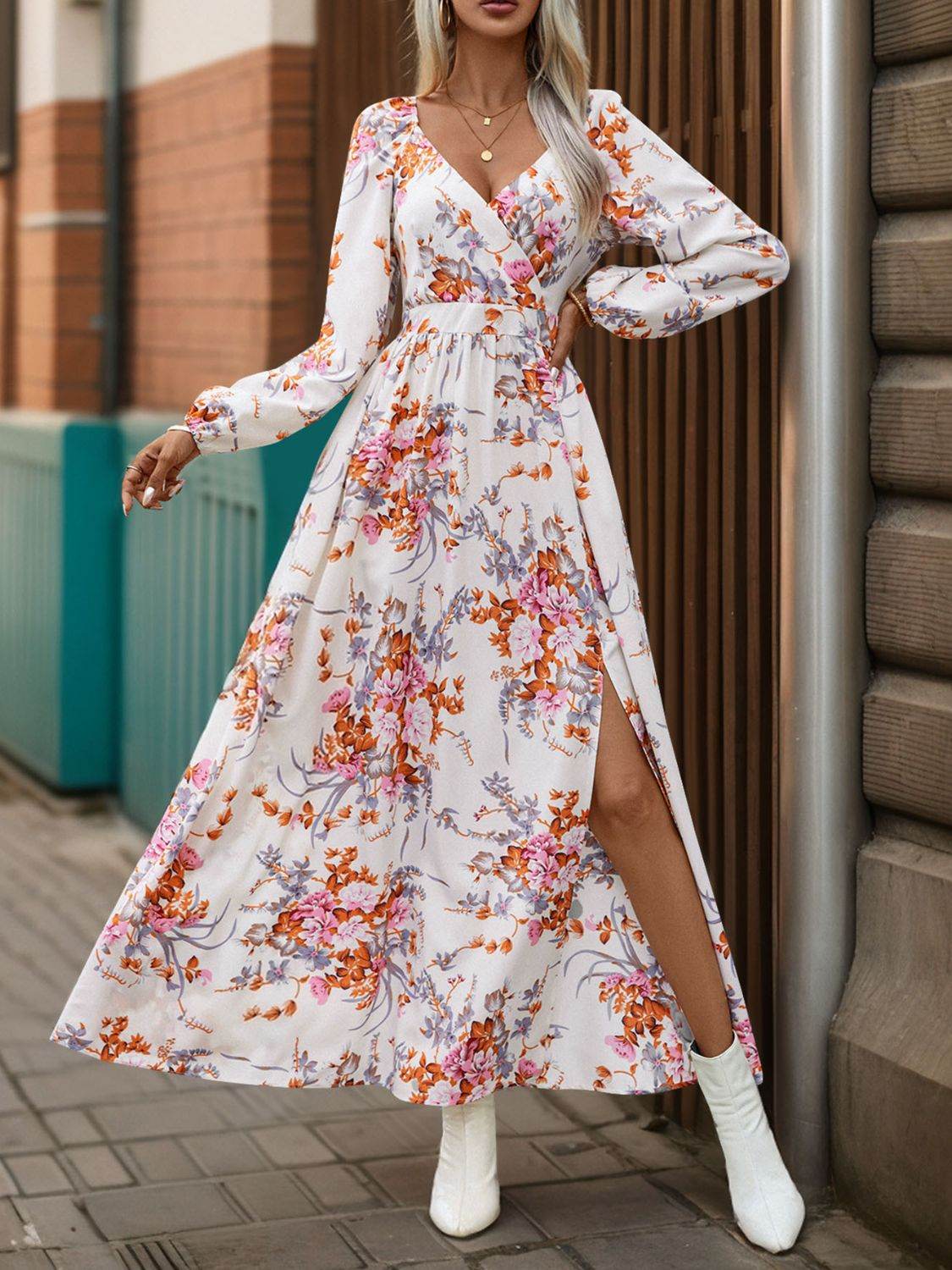 Perfee Slit Printed Surplice Long Sleeve Maxi Dress - Delanoir